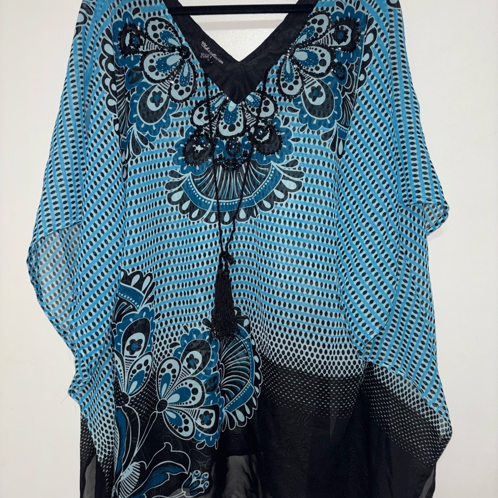 Swimsuit cover up Blue and Black Sheer design Embelished tassel women’s M/L